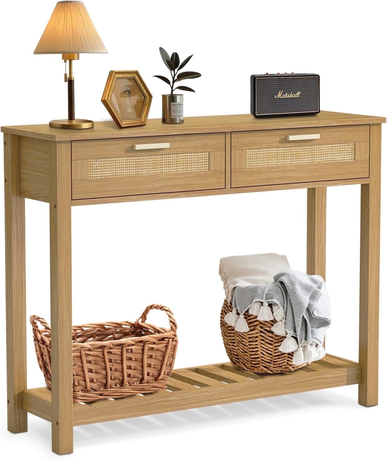 AODAILIHB Wooden Console Sofa Table，Rattan Entryway Table with 2 Drawers and Storage Open Bookshelf
