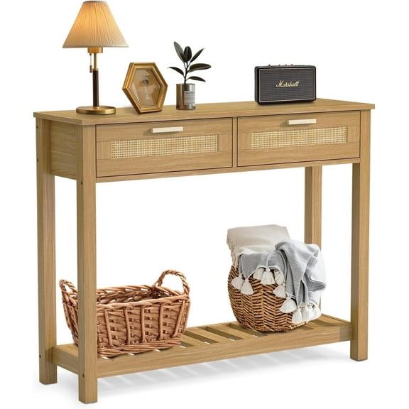 AODAILIHB Wooden Console Sofa TableRattan Entryway Table with 2 Drawers and Storage Open Bookshelf