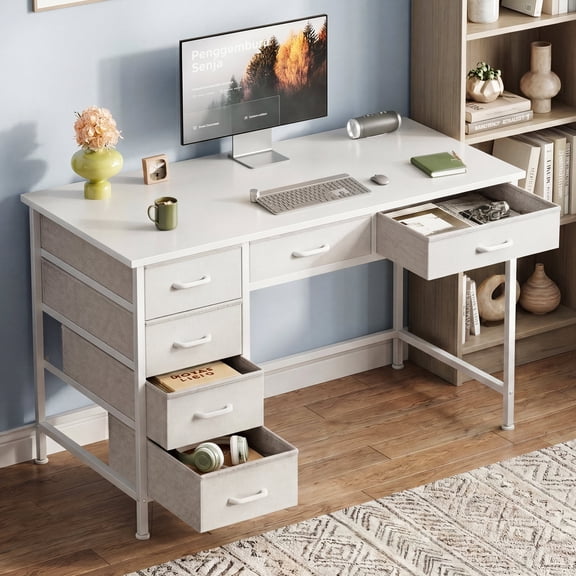 AODK 40" Computer Desk with 6 Drawers, Corner Computer Desk with Reversible Storage, Modern Home Office Desk for Small Space, Pure White