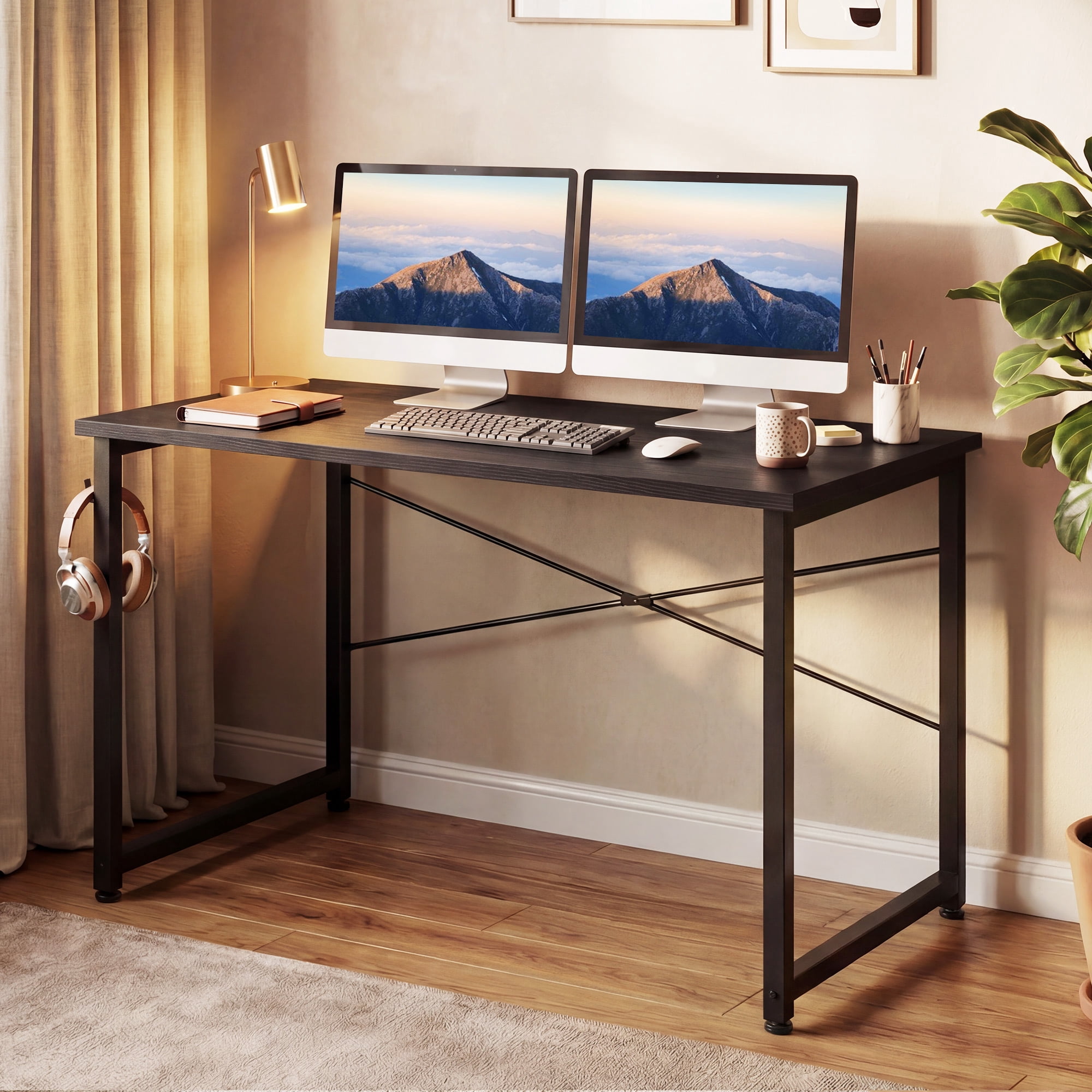 AODK 48 Inch Computer Desk, Home Office Writing Desk for Small Space, Modern Study Desk with Headphone Hook, Black