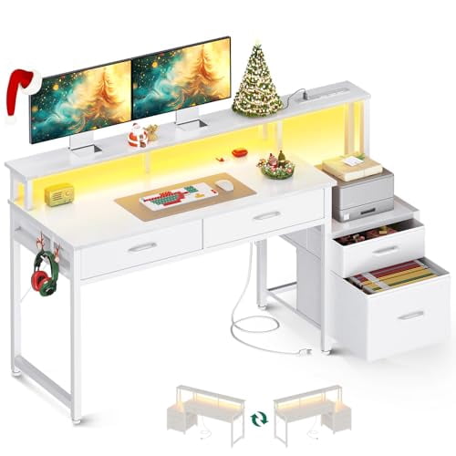 AODK 55-Inch Computer Desk with Fabric File Cabinet and Fabric Drawers ...