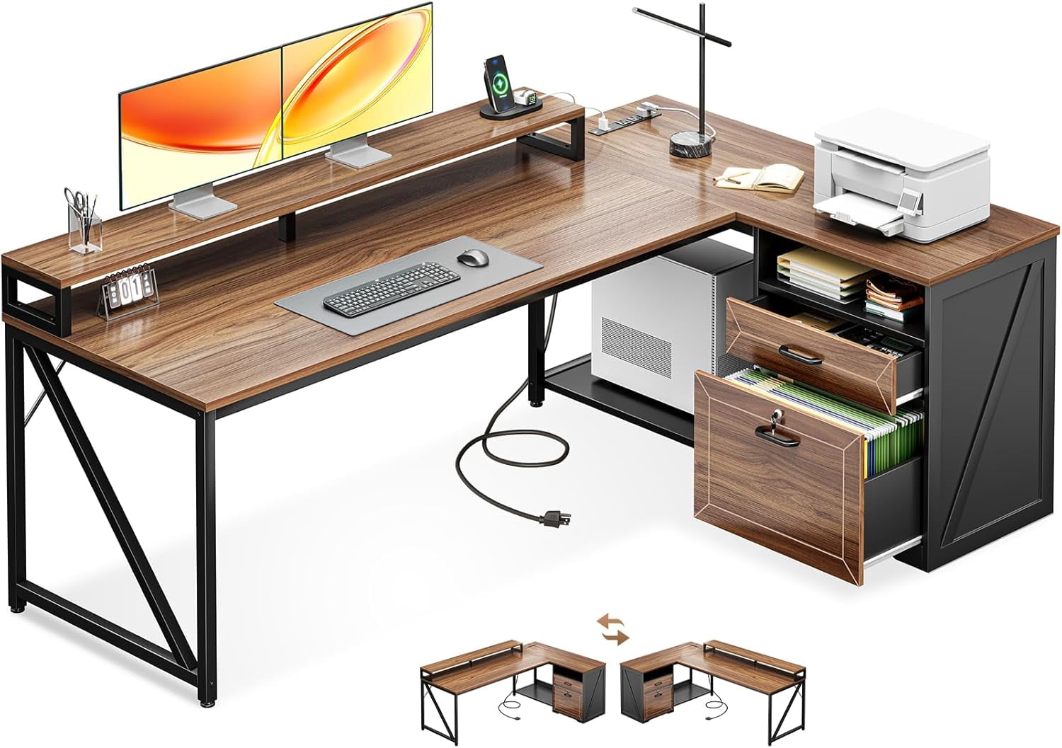 AODK 61 Inch L Shaped Desk with Drawers & lockable File Cabinet, Farmhouse Executive Office Desk with Led Lights & Power Outlet, Computer Desk with Storage Shelves,Monitor Stand and CPU Stand, Walnut