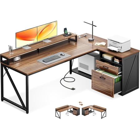 AODK 61 Inch L Shaped Desk with Drawers & lockable File Cabinet, Farmhouse Executive Office Desk with Led Lights & Power Outlet, Computer Desk with Storage Shelves,Monitor Stand and CPU Stand, Walnut