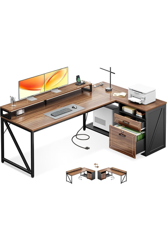 AODK 61 Inch L Shaped Desk with Drawers & lockable File Cabinet, Farmhouse Executive Office Desk with Led Lights & Power Outlet, Computer Desk with Storage Shelves,Monitor Stand and CPU Stand, Walnut