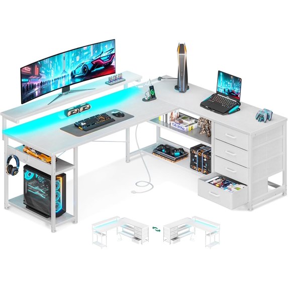AODK 61" L Shaped Desk with Drawer, Computer Desk with Power Outlets & LED Lights, Reversible Corner Gaming Desk for Home Office Workstation, Office Desk with Monitor Shelf, Pure White