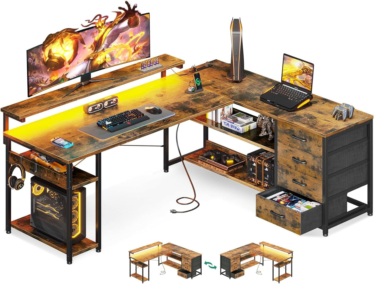 L Shaped Gaming Desk With 6 Tier Shelves, Drawers & LED Lights – 63" Reversible U Shape Computer Desk With Power Outlet