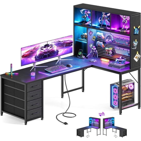 AODK 63" L Shaped Gaming Desk with Hutch, Storage & Shelves, L Shaped Desk with 4 Drawers, Inserted LED Light Strip & Power Outlets, Computer Desk with Pegboard for Entertainment, Office Desk, Black