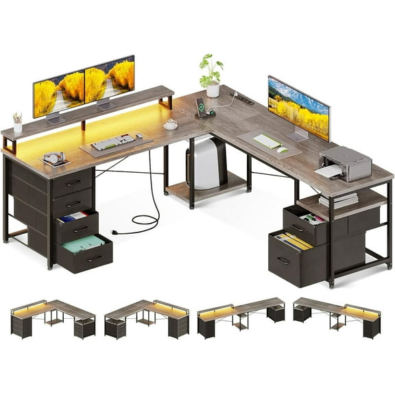 AODK 66" L Shaped Desk, 113" Computer Desk with File Cabinet & 4 Fabric Drawers, Home Office Desk with Monitor Shelf & Power Outlet, Two Person Desk or Corner Desk, Gaming Table with LED Light, Grey