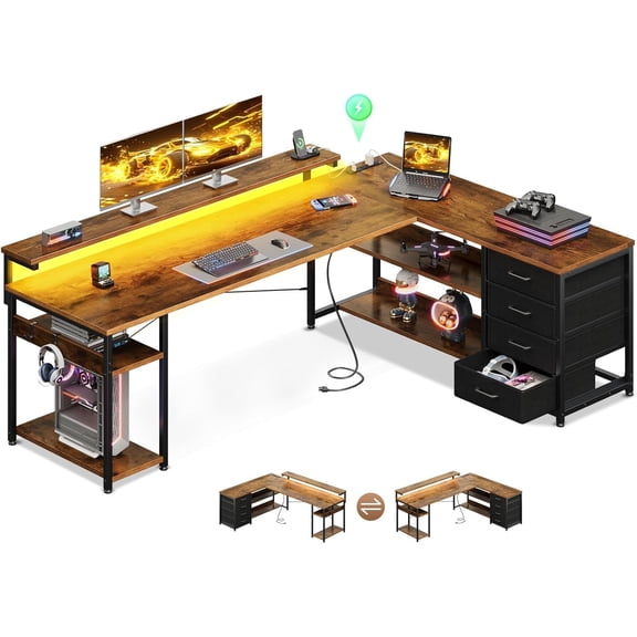 AODK 69" L Shaped Desk with Drawer, Computer Desk with Power Outlets & LED Lights, Reversible Corner Gaming Desks for Home Office Workstation, Office Table with Monitor Shelf, Vintage