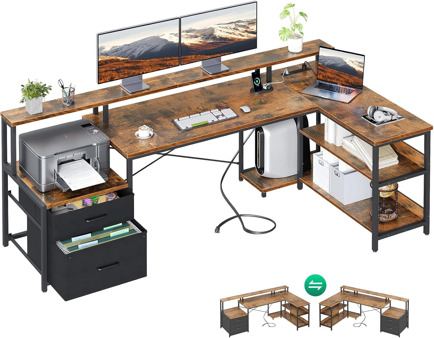 AODK 75" L Shaped Computer Desk with Power Outlet & File Drawers, Reversible Corner Desk for Home Office, Gaming & Remote Work, Includes Storage Shelves & Monitor Stand, Vintage