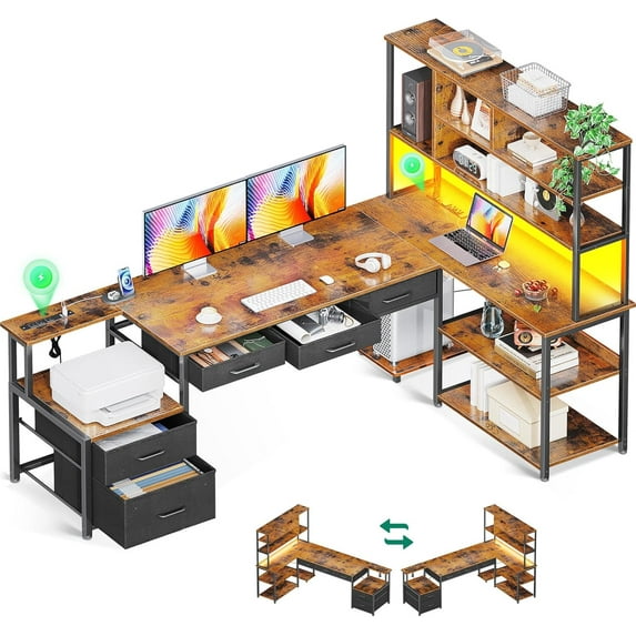 AODK 79 inch L Shaped Desk with File Drawers, Reversible L Shaped Gaming Desk with Power Outlets & LED Lights, Computer Desk with Storage Shelves for Home Office, Vintage