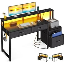 AODK Computer Desk with 4 Drawers, 48 Inch Reversible Desk with Led Lights & Power Outlet, Office Desk with File Drawer & Monitor Stand, Work Table for Home Office, Black