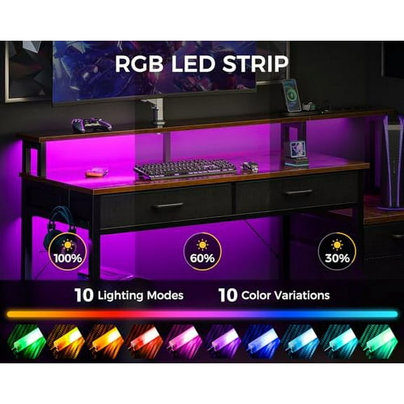 AODK Computer Desk with 4 Drawers, 48 Inch Reversible Desk with Led Lights & Power Outlet, Office Desk with File Drawer & Monitor Stand, Work Table for Home Office, Rustic Brown