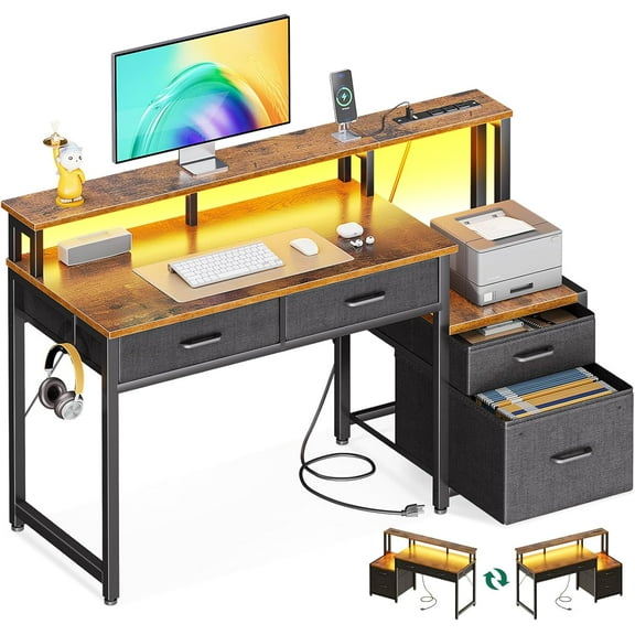 AODK Computer Desk with 4 Drawers, 48 Inch Reversible Desk with Led Lights & Power Outlet, Office Desk with File Drawer & Monitor Stand, Work Table for Home Office, Rustic Brown