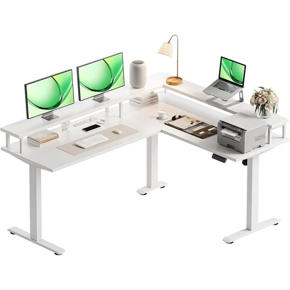 AODK Electric L Shaped Standing Desk, 59 Inch Height Adjustable Stand Up Desk with Power Outlets ＆ Full Monitor Stand, Reversible Corner Desk for Home Office ＆ Computer Workstation, White