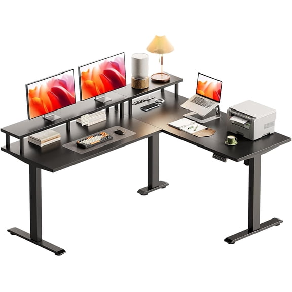 AODK Electric L Shaped Standing Desk with Monitor Stand, 59 Inch Height Adjustable Corner Desk with Power Outlets, Large Sit Stand Table, Reversible Computer Desk for Home, Office, Black
