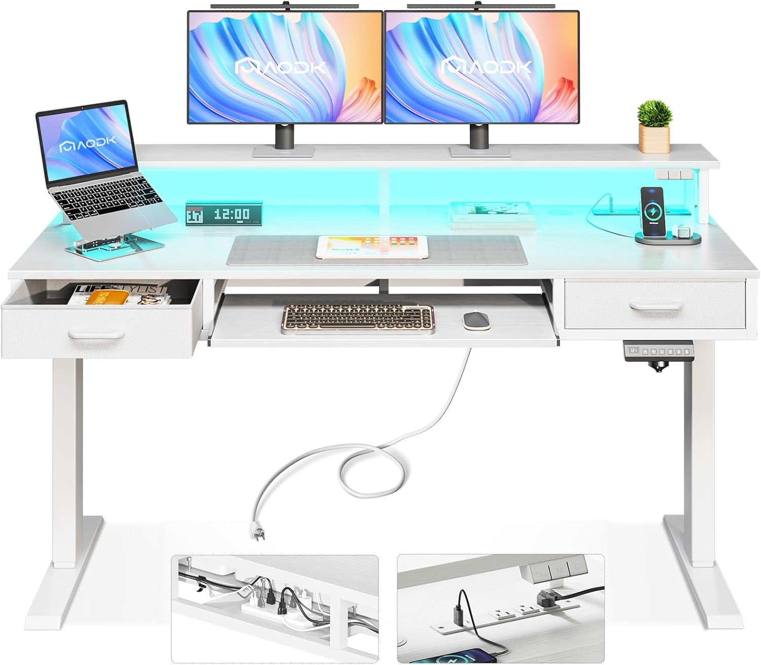 AODK Electric Standing Desk with Drawers & Keyboard Tray, 55 Inch