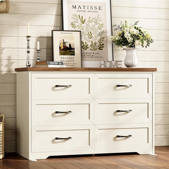 AODK Farmhouse 6 Drawer Dresser for Bedroom, 47” Wide Rustic Storage Dresser with Engineered Wood Frame, Anti-Tip Safety Chest, American Country Bedroom Furniture, Walnut & Vintage White