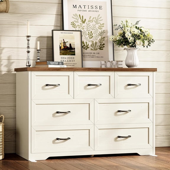 AODK Farmhouse 7 Drawer Dresser for Bedroom, 47” Wide Rustic Storage Chest with Engineered Wood Frame, Anti-Tip Design, American Country Bedroom Furniture, Walnut & Vintage White