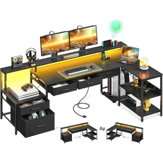 AODK L Shaped Desk with 5 File Drawers, 75" Reversible L Shaped Computer Desk with Power Outlet & LED Strip, Office Desk with Storage Shelves, Gaming Table with Monitor Shelf, Corner Table, Black