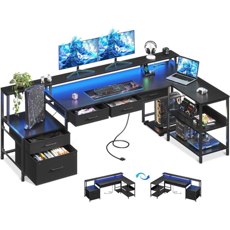 AODK L Shaped Desk with 5 File Drawers, 75" Reversible L Shaped Computer Desk with Power Outlet & LED Strip, Office Desk with Storage Shelves, Gaming Table with Monitor Shelf, Corner Table, Black