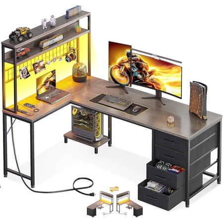 AODK L Shaped Desk Gaming Desk with LED Light & Power Outlet, 59 Inch Reversible L Shaped Computer Table with 4 Drawers for Home Office, Grey