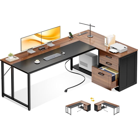 AODK L Shaped Desk with Wood Drawers & Lockable File Cabinet, 61-inch L Shaped Office Desk with Power Outlet & CPU Stand, Reversible Corner Computer Desk with Storage, for Home Office, Walnut