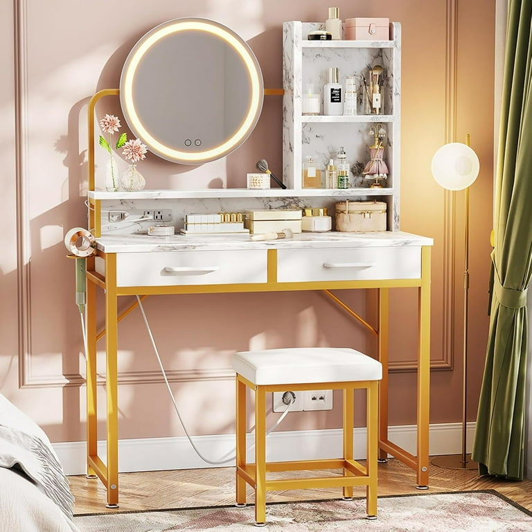 AODK Vanity Desk with Mirror and Lights 32 Inch Makeup Vanity Mirror with Lights Desk and Chair Small Vanity Desk Mirror for Bedroom White Vanity Table with 2 Fabric Drawers Makeup Table