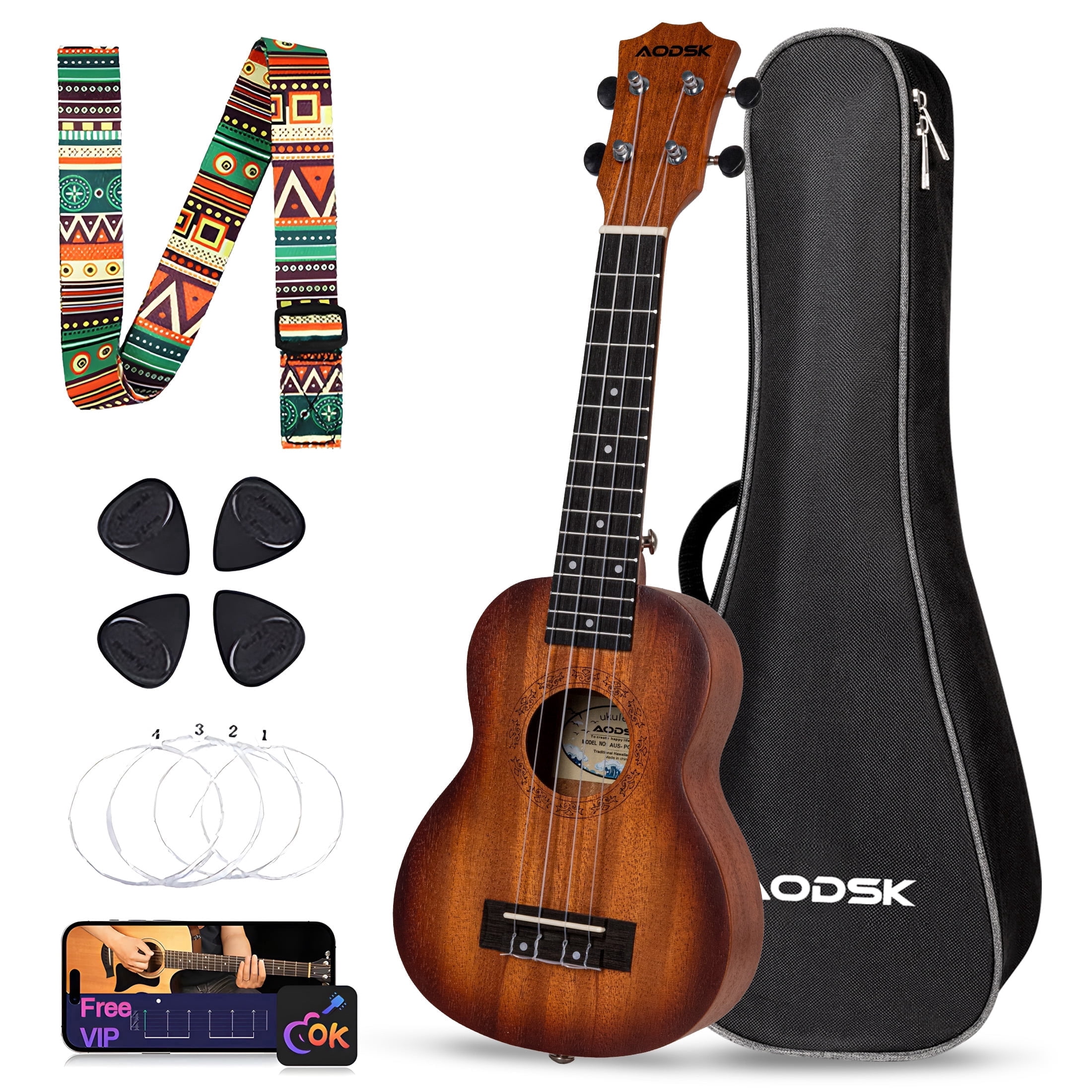 AODSK 23" Concert Ukulele Kit with Gig Bag, Strap, Extra Strings, Picks, Online Lesson, Ukelele Adult Beginner Series AUC-P06