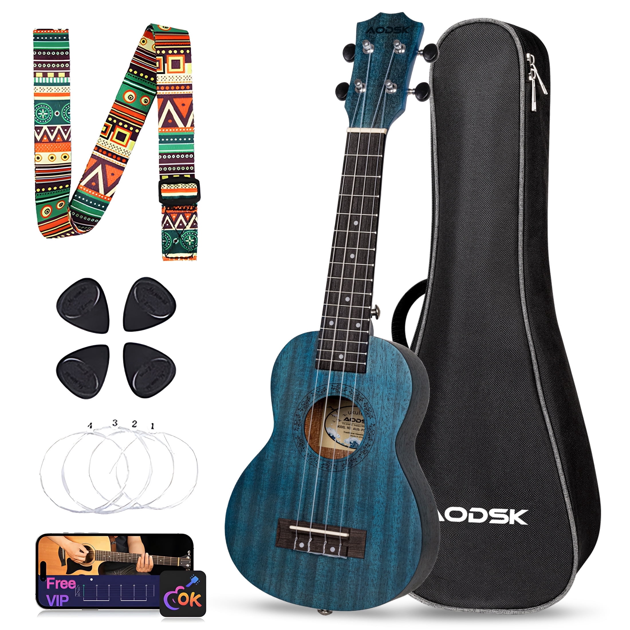 AODSK 23" Concert Ukulele Kit with Gig Bag, Strap, Extra Strings, Picks, Online Lesson, Ukelele Adult Beginner Series AUC-P06