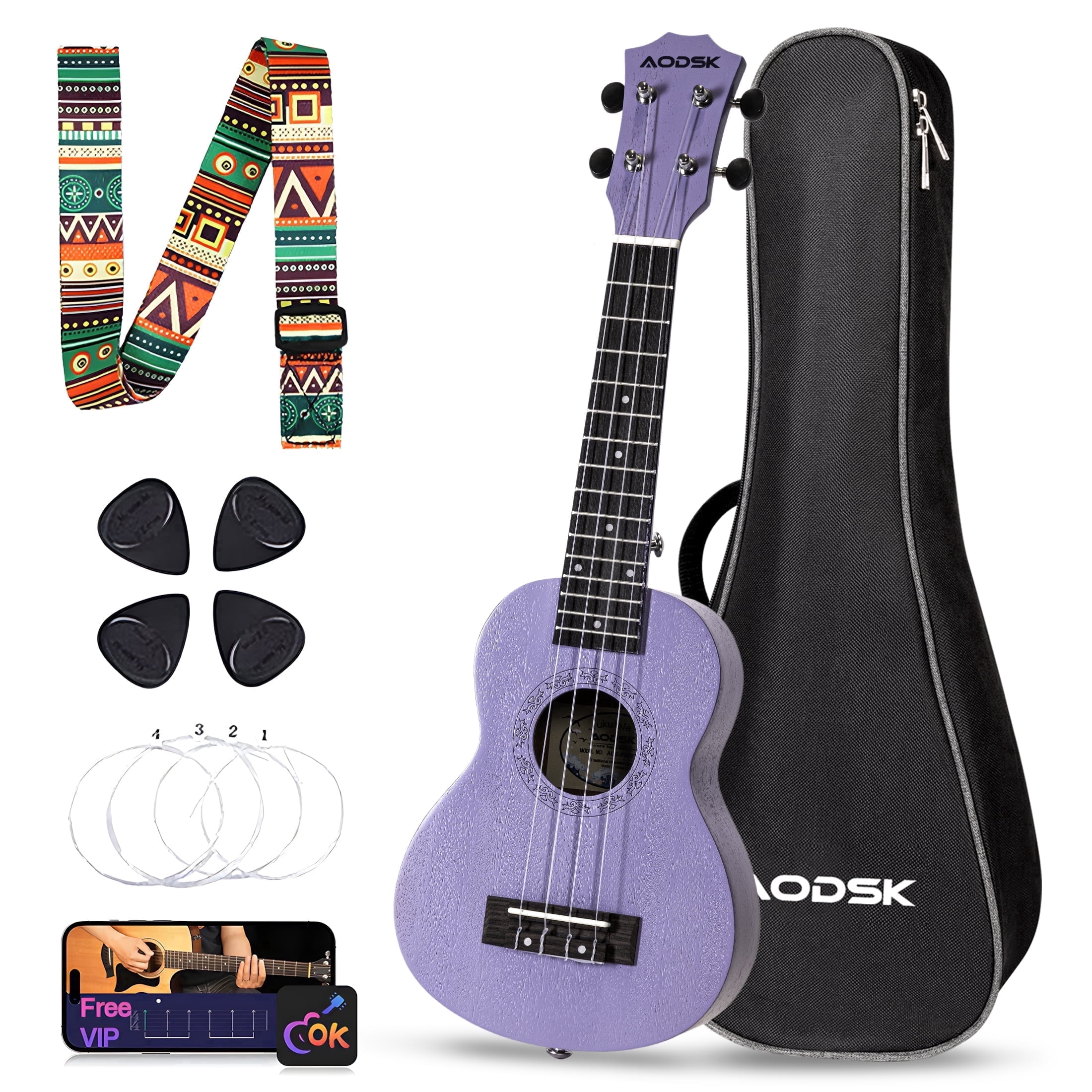AODSK 23" Concert Ukulele Kit with Gig Bag, Strap, Extra Strings, Picks, Online Lesson, Ukelele Adult Beginner Series AUC-P06
