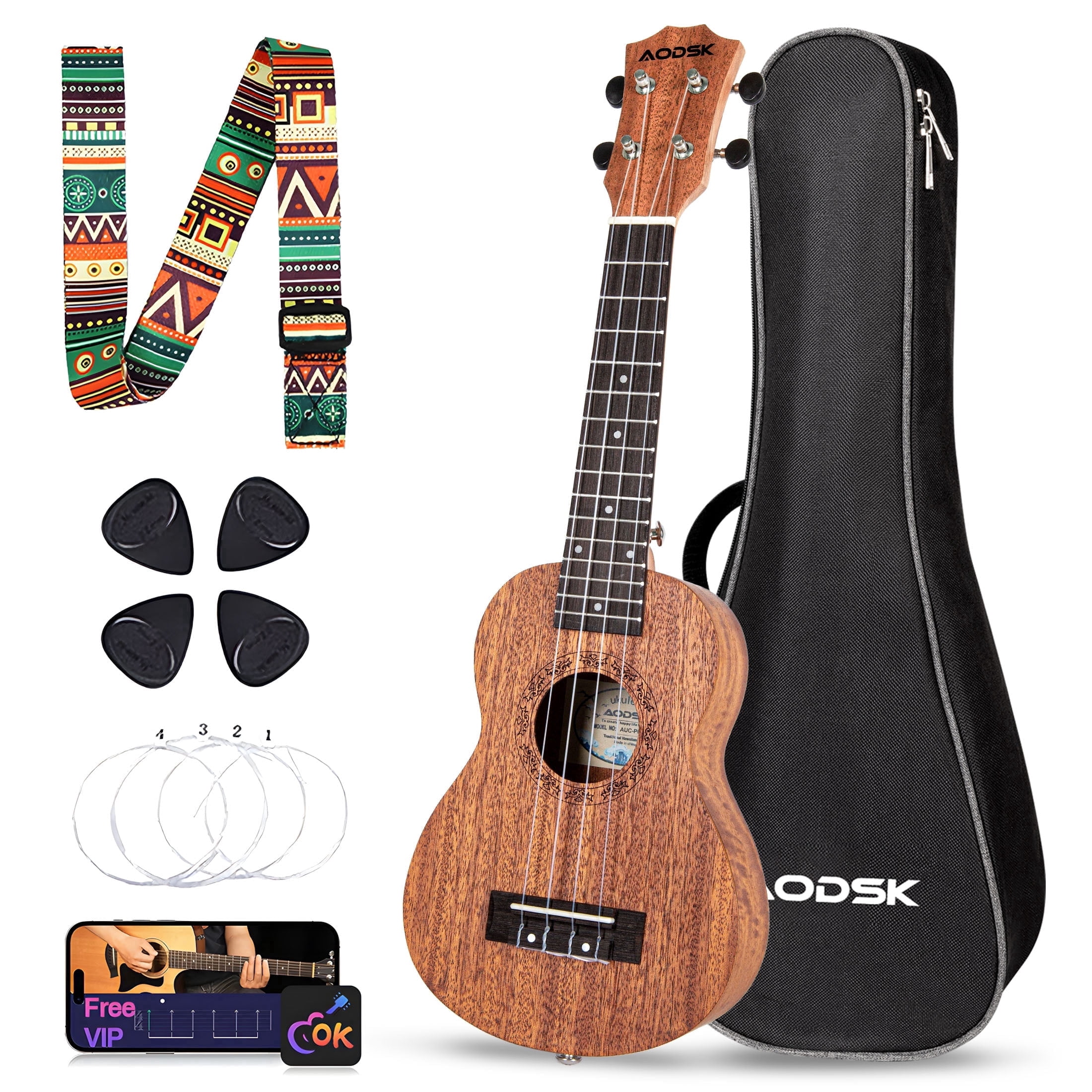 AODSK 23" Concert Ukulele Kit with Gig Bag, Strap, Extra Strings, Picks, Online Lesson, Ukelele Adult Beginner Series AUC-P06