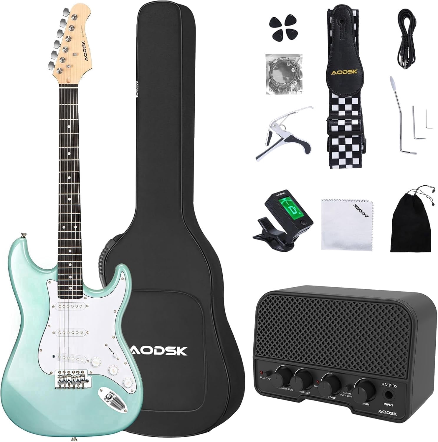 AODSK 39" Beginner Electric Guitar Full Size Kit with Amp, SSS Pickup, Solid Wood Body, Digital Tuner, Six Strings, Four Picks, Tremolo Bar, Strap, Gig Bag