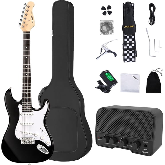 AODSK 39 Inch Full Size Electric Guitar Starter Kit, Solid Wood Electric Guitar with SSS Pickup, Amplifier, Digital Tuner, Strings, Picks, Tremolo Bar, Strap & Gig Bag for Beginners        写一篇关于 AODS