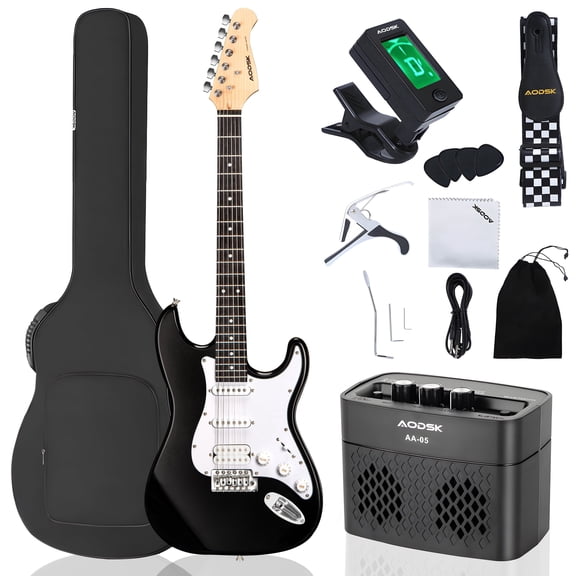 AODSK 39" Electric Guitar Starter Kit w/ Amp, Tuner, Bag, Black-HSS