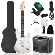 AODSK 39 inch Electric Guitar HSS Beginner Kit w/ Amp, Bag, Digital Tuner, Capo, Strap, String, Cable, Picks - Ice White