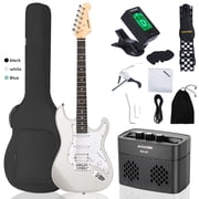 AODSK 39 inch Electric Guitar HSS Beginner Kit w/ Amp, Bag, Digital Tuner, Capo, Strap, String, Cable, Picks - Ice White