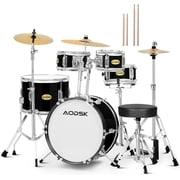 AODSK 5-Pc Junior Drum Set w/ Bass Snare Cymbal Hi-Tone Stool Pedal, Black