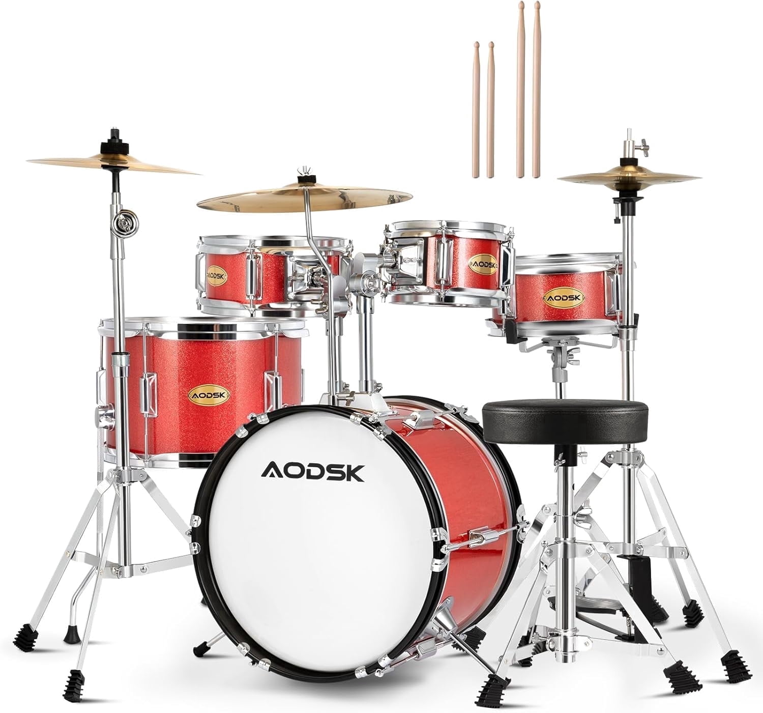 AODSK 5-Piece Junior Drum Set, a Complete Kit for Kids with Bass Drum, Tom-Tom, Snare, Cymbals, Hi-Tone Drum, Sticks, Base Pedal and Stool, Beginner Set, Gift for Boys & Girls