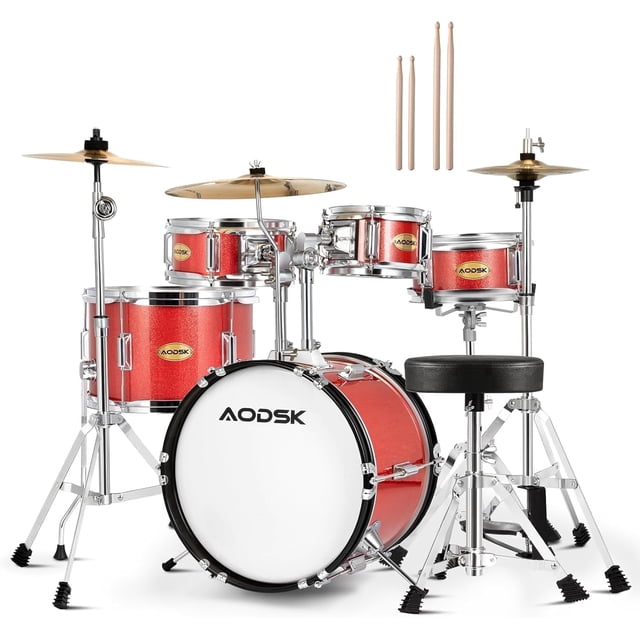 AODSK 5-Piece Drum Set for Beginners, Red, Incl. Bass, Snare, Cymbal ...