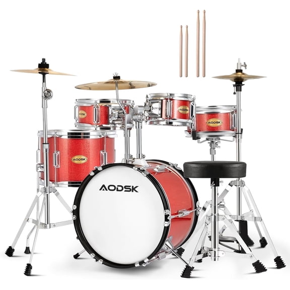 AODSK 5-Pc Junior Drum Set w/ Bass Snare Cymbal Hi-Tone Stool Pedal, Red