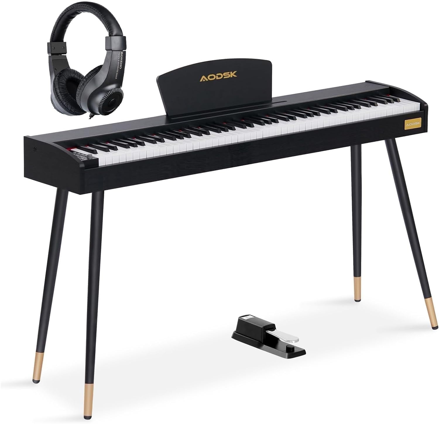 AODSK Beginner Digital Piano 88 Key Keyboard,Full-size Electric Piano for Beginners,with Sheet Music Stand,Pedal,Power Adapter,Headphone Mode,USB-MIDI,Piano Lessons,Black,-Comes with headphones