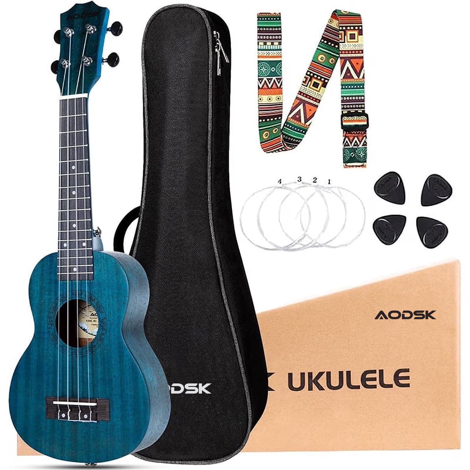 AODSK  21"  Ukulele Kit with Case, Clip-On Tuner, Strap, Nylon Strings, Picks, Online Lesson, Ukelele Beginner Series (Blue)