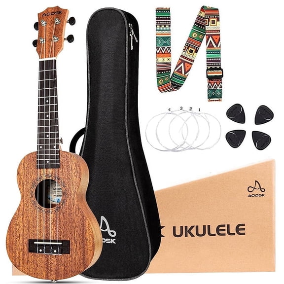 AODSK  21"  Ukulele Kit with Case, Clip-On Tuner, Strap, Nylon Strings, Picks, Online Lesson, Ukelele Beginner Series (Natural)