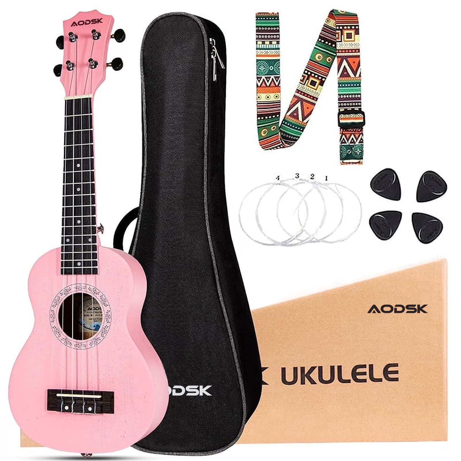 AODSK  21"  Ukulele Kit with Case, Clip-On Tuner, Strap, Nylon Strings, Picks, Online Lesson, Ukelele Beginner Series (Pink)
