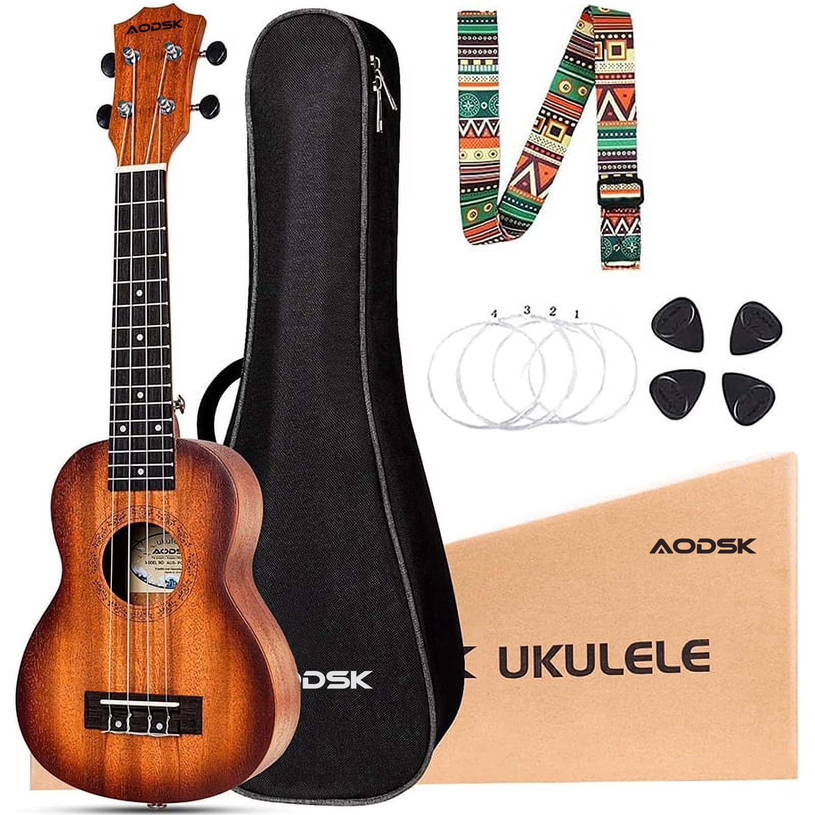 AODSK AUS-P06, Beginning Soprano Ukulele 21Inch Sapele, Professional Acoustic Ukelele Kit with Free Gig Bag, Strap, Nylon String, Picks (Sunburst)