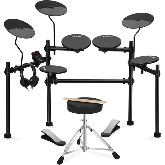 AODSK AED-100 Electric Drum Kit with 4 Quiet Pads, 200 Sounds, 2 Pedals - Portable Beginner Set Includes Throne, Sticks & On-Ear Headphones