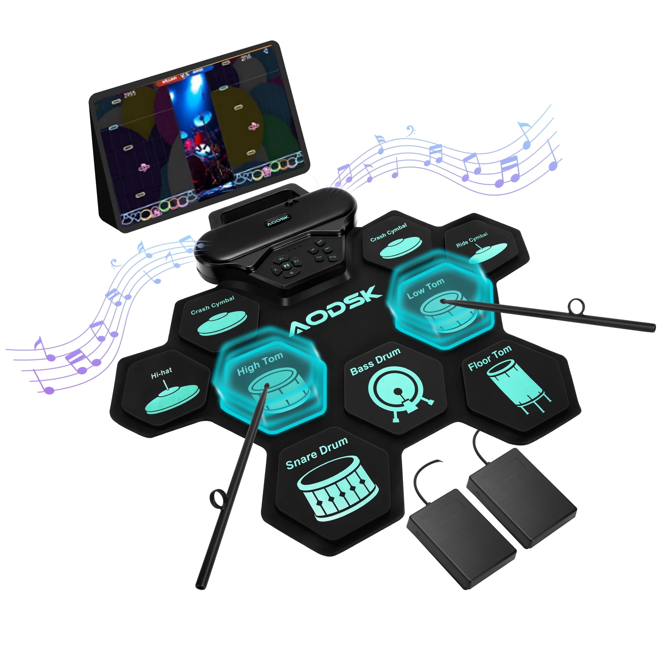 AODSK Electronic Drum Set, 9 Pads Roll-Up, Dual Speakers, Portable, Drum Sticks