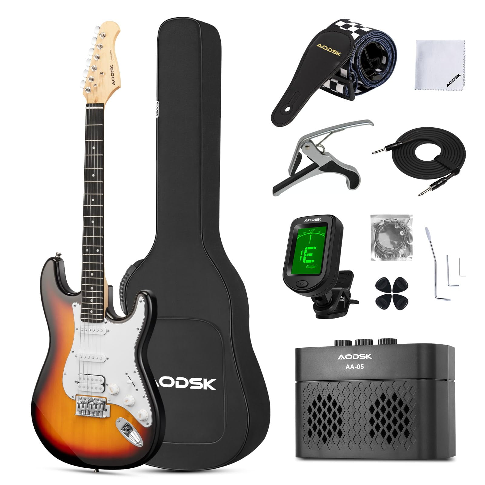 AODSK Electric Guitar with Amp Complete Starter Kit, 39 inch Full Size Solid Body, HSS Sunburst