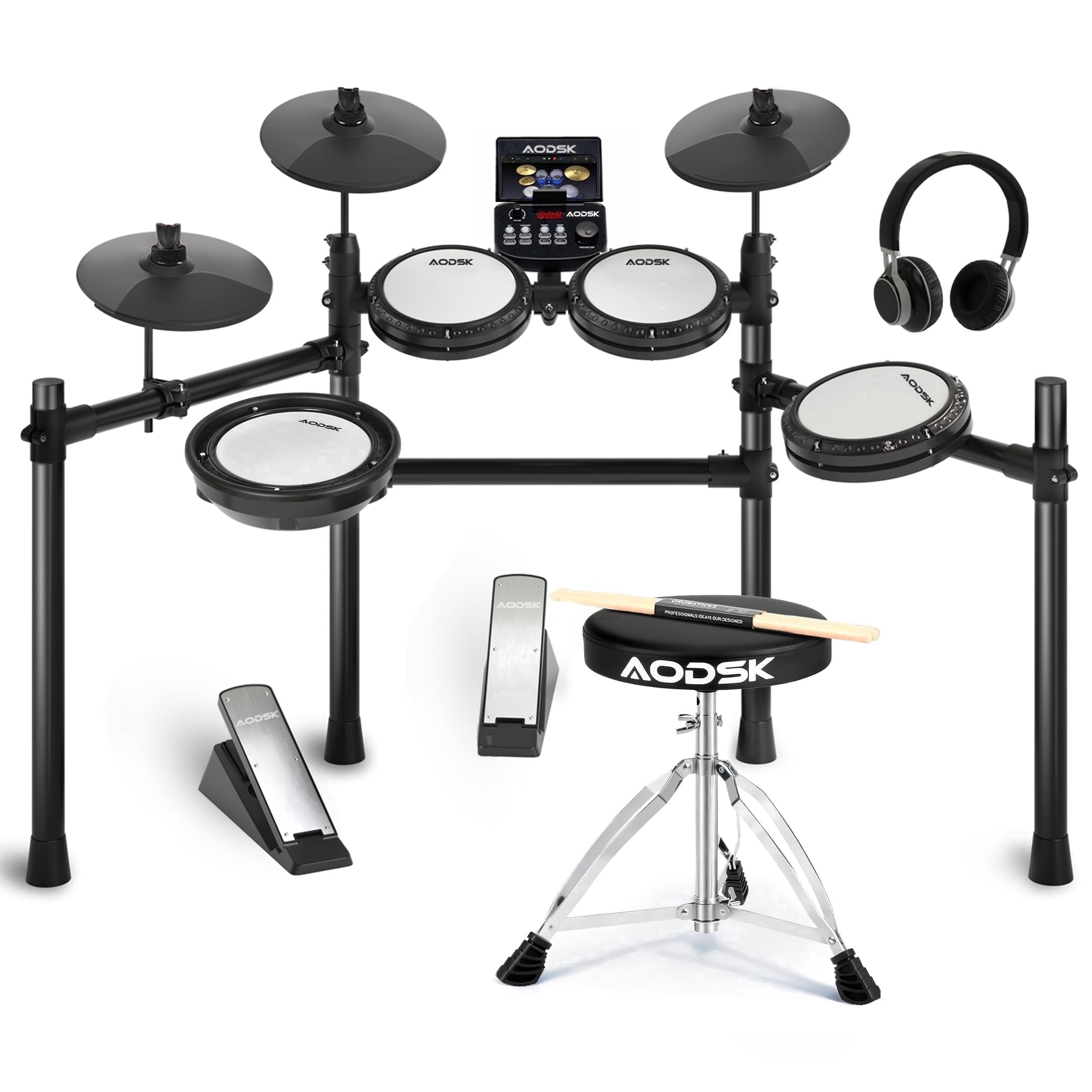 AODSK Electronic Drum Set 403PRO, Quiet Mesh Pads, 260 Sounds, 30 Kits, 20 Songs, with Sticks, Headphones, Throne, for Beginner